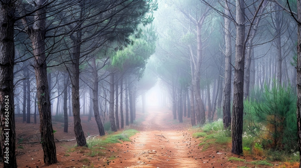 Pathway through a pine forest shrouded in fog creating a mysterious and tranquil atmosphere Pathway through a pine forest shrouded in fog creating a mysterious and tranquil atmosphere