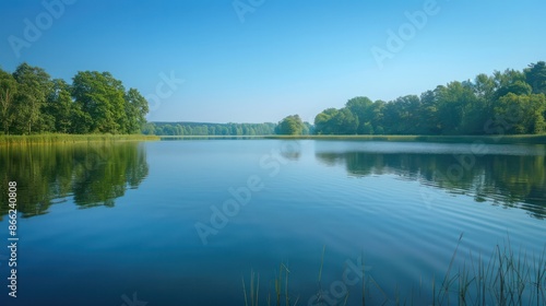 A calm lake with trees in the background