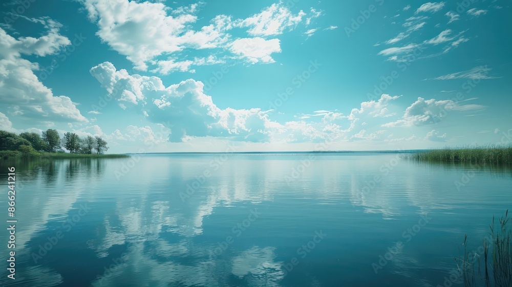 Fototapeta premium A calm lake with a blue sky in the background