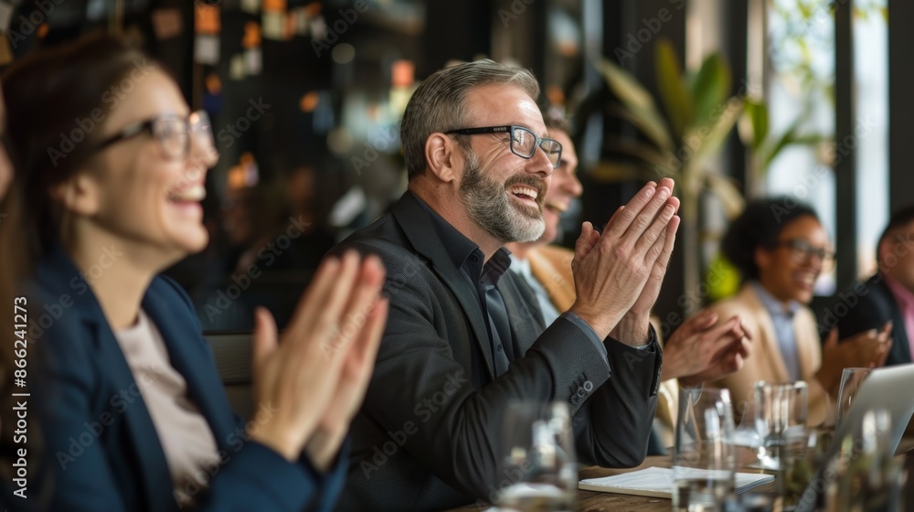 Professionals in a stylish office are sharing a moment of triumph, clapping and cheering with joy. Professionals in a stylish office are sharing a moment of triumph, clapping and cheering with joy.