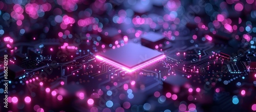 Circuit Board Glowing with Pink and Blue Lights
