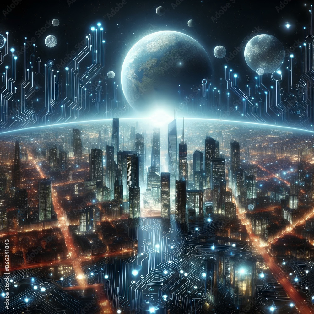 Luminous futuristic city on an extensive illuminated circuit board. Technology paradigm. Future cityscape. Luminous futuristic city on an extensive illuminated circuit board. Technology paradigm. Future cityscape.