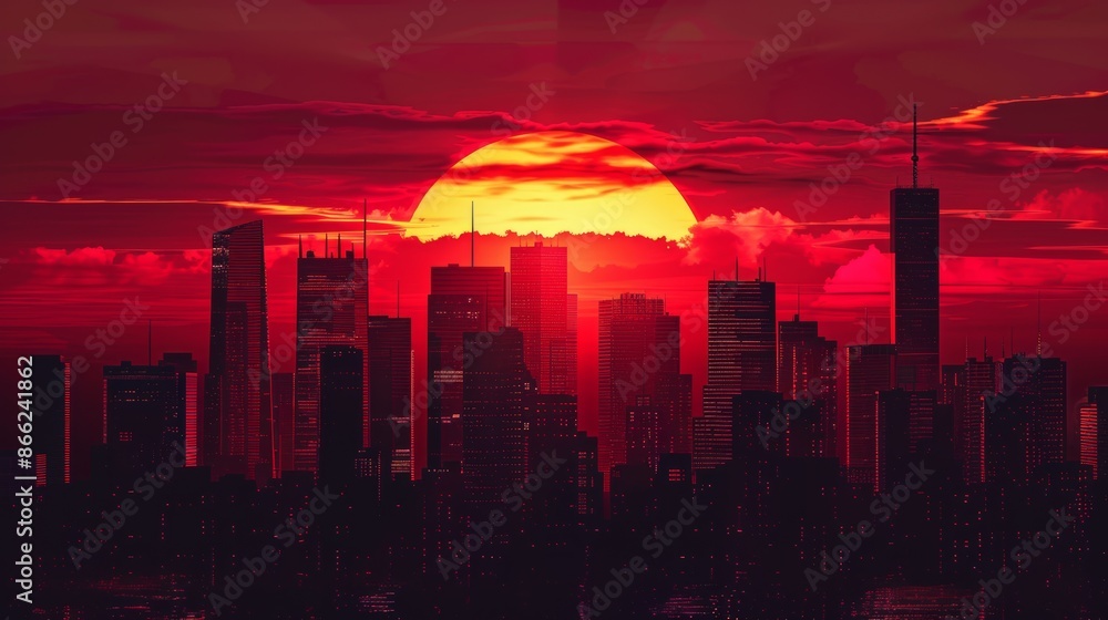 Fototapeta premium Red sunset behind a city skyline with skyscrapers in silhouette