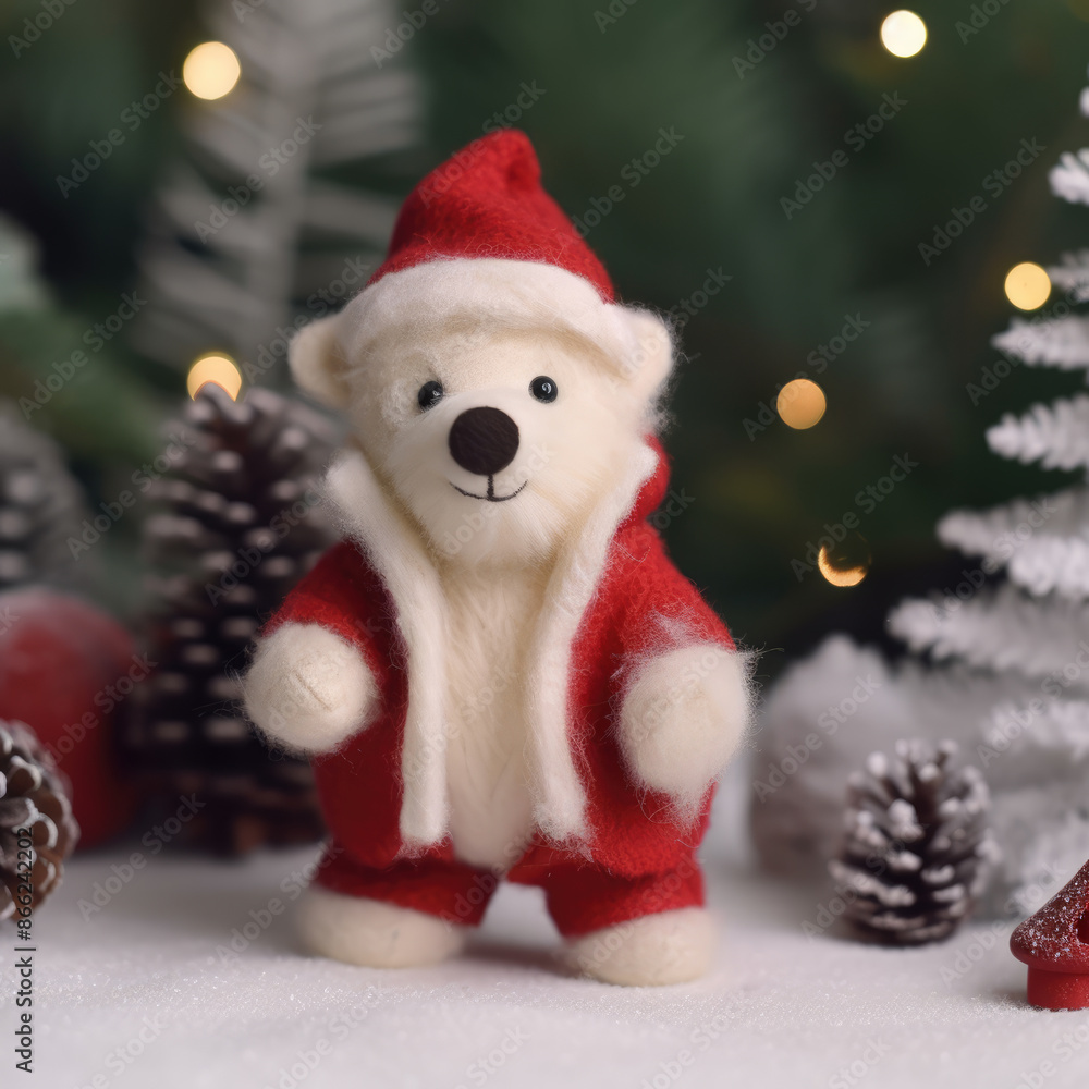 Fototapeta premium generated illustration of a baby polar bear wearing a santa hat against christmas tree background