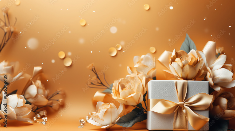 generated illustration of flower and gift, box on a gold colored background. card for Valentine's Day. generated illustration of flower and gift, box on a gold colored background. card for Valentine's Day.