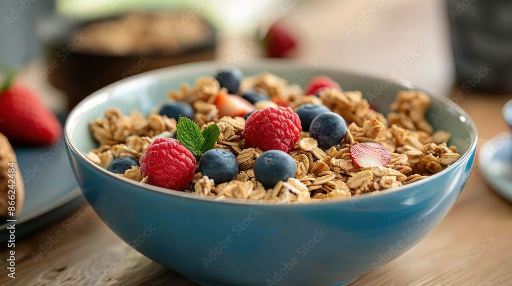 A bowl of cereal with blue and red berries and green leaves A bowl of cereal with blue and red berries and green leaves