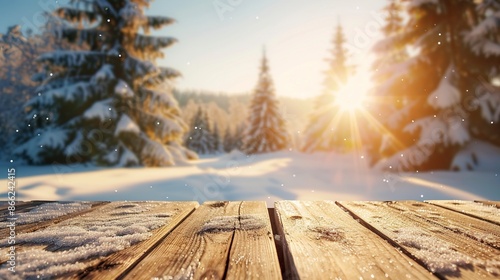 Wooden table top on winter sunny landscape with fir trees. Winter landscape with snow and christmas trees. Generative ai