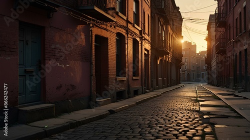 Fototapeta Naklejka Na Ścianę i Meble -  old urban city street. 1800s city street view. sunset alley.