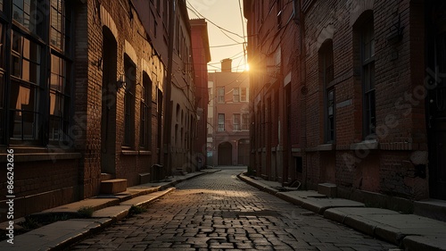 Fototapeta Naklejka Na Ścianę i Meble -  old urban city street. 1800s city street view. sunset alley.