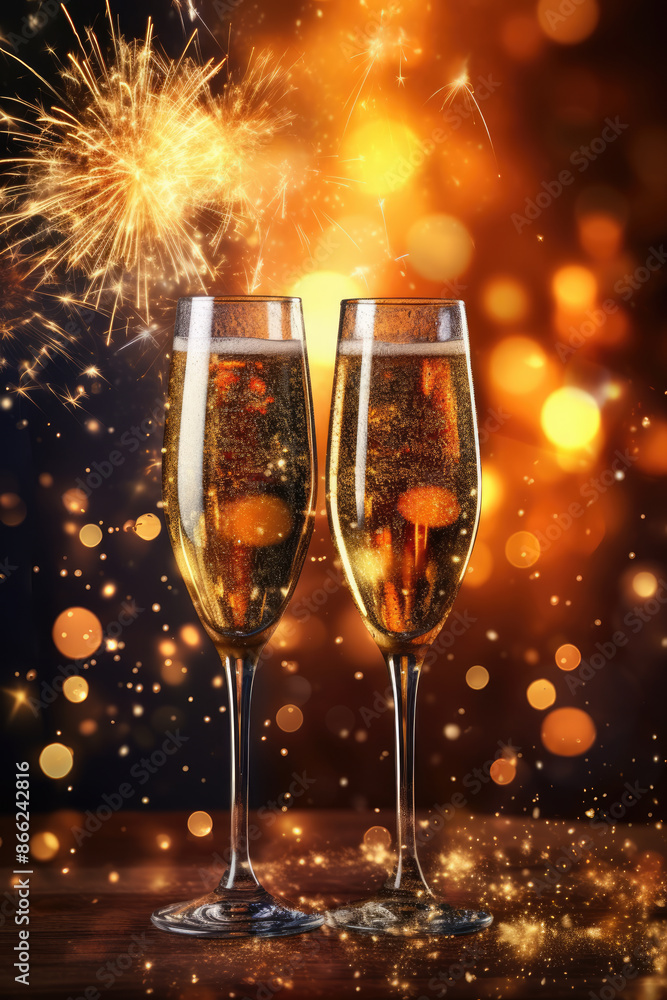 generated illustration of glass of champagne with firework on bokeh background generated illustration of glass of champagne with firework on bokeh background