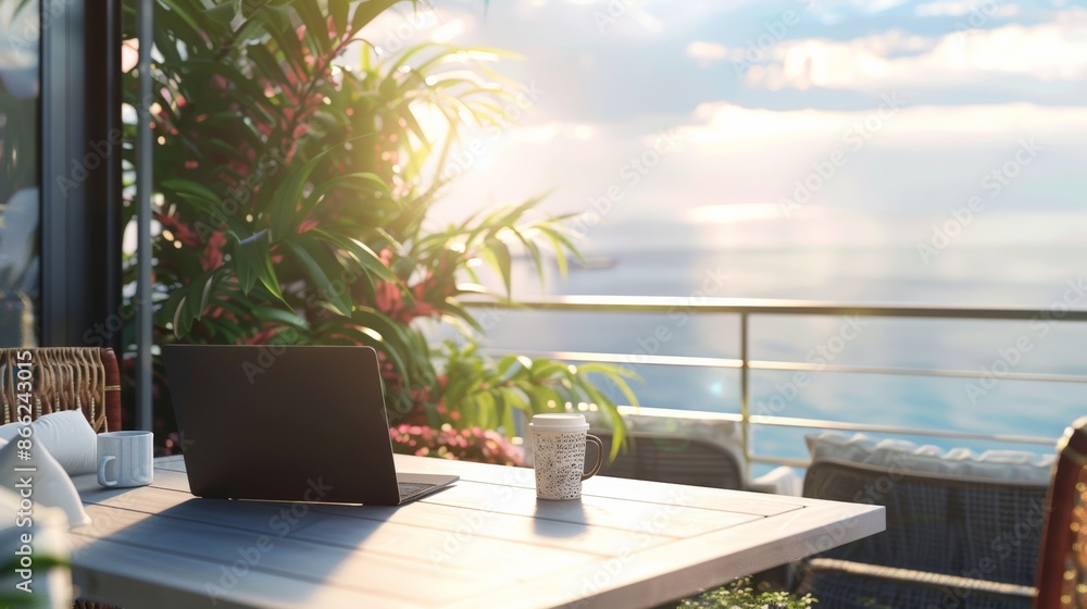 Fototapeta premium Remote work setup with a laptop on a table, with a scenic outdoor view from a balcony