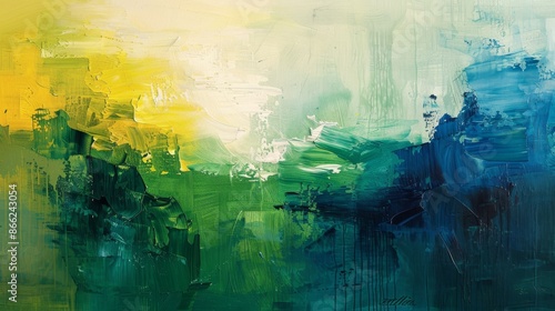 Abstract art painting with bright colors,  green, blue and yellow,  beautiful textured strokes. Modern contemporary style artwork for home, office, interior design.