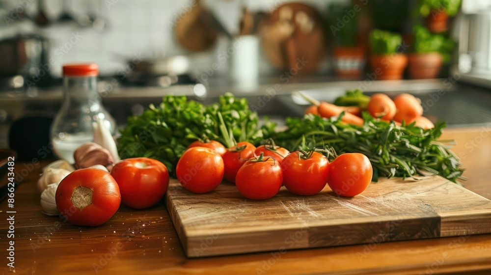 A wooden cutting board with a pile of tomatoes and herbs on it A wooden cutting board with a pile of tomatoes and herbs on it