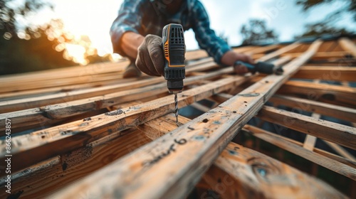 A carpenter using drill tool or electric screwdriver working at house construction site on wooden roof truss for building a wooden house