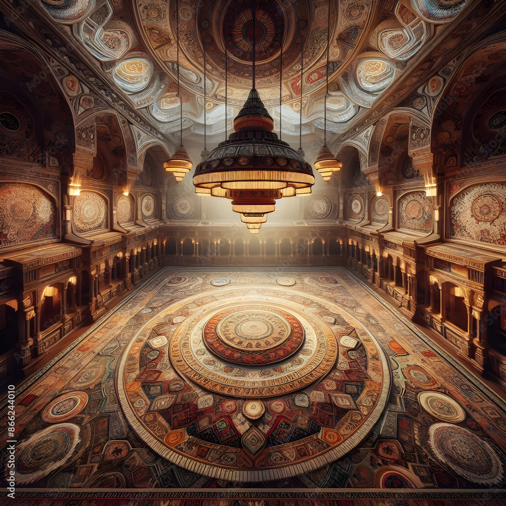 Obraz premium An ornate and grand interior of a palace or temple with intricate patterns adorning the ceiling, walls, and floor, featuring a large central chandelier and a richly detailed circular carpet.