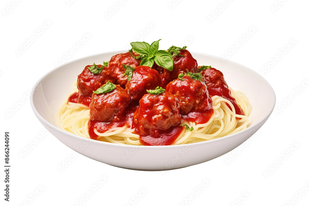 A Culinary Canvas: White Bowl Brimming With Spaghetti and Meatballs on White or PNG Transparent Background. A Culinary Canvas: White Bowl Brimming With Spaghetti and Meatballs on White or PNG Transparent Background.