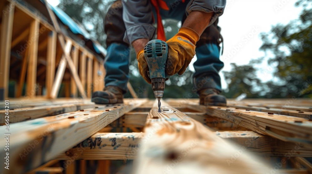 A carpenter using drill tool or electric screwdriver working at house construction site on wooden roof truss for building a wooden house A carpenter using drill tool or electric screwdriver working at house construction site on wooden roof truss for building a wooden house