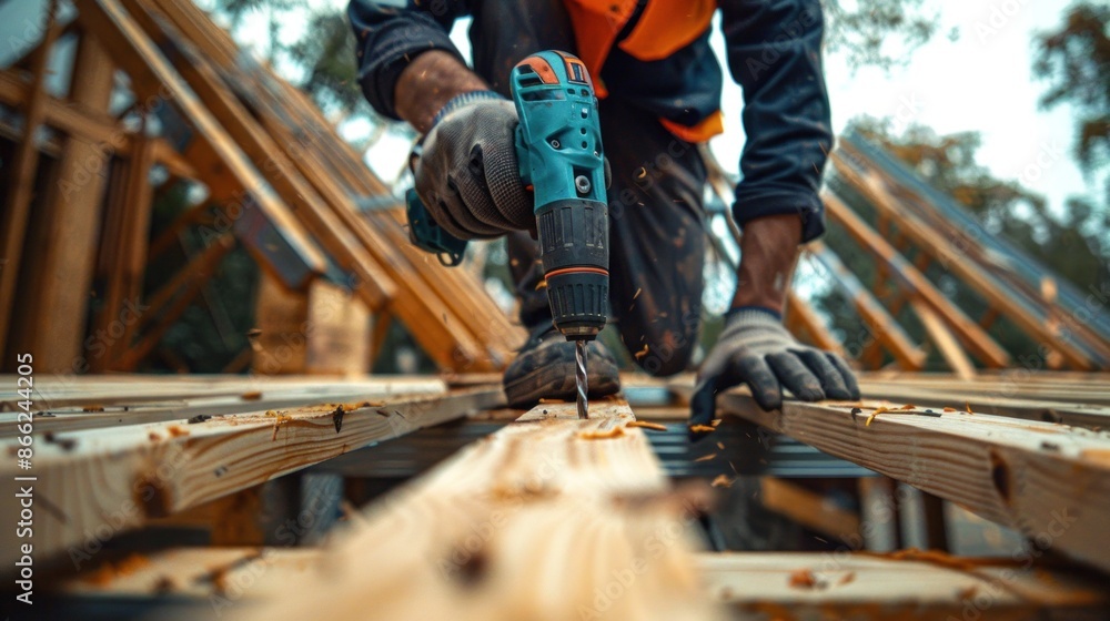 A carpenter using drill tool or electric screwdriver working at house construction site on wooden roof truss for building a wooden house A carpenter using drill tool or electric screwdriver working at house construction site on wooden roof truss for building a wooden house