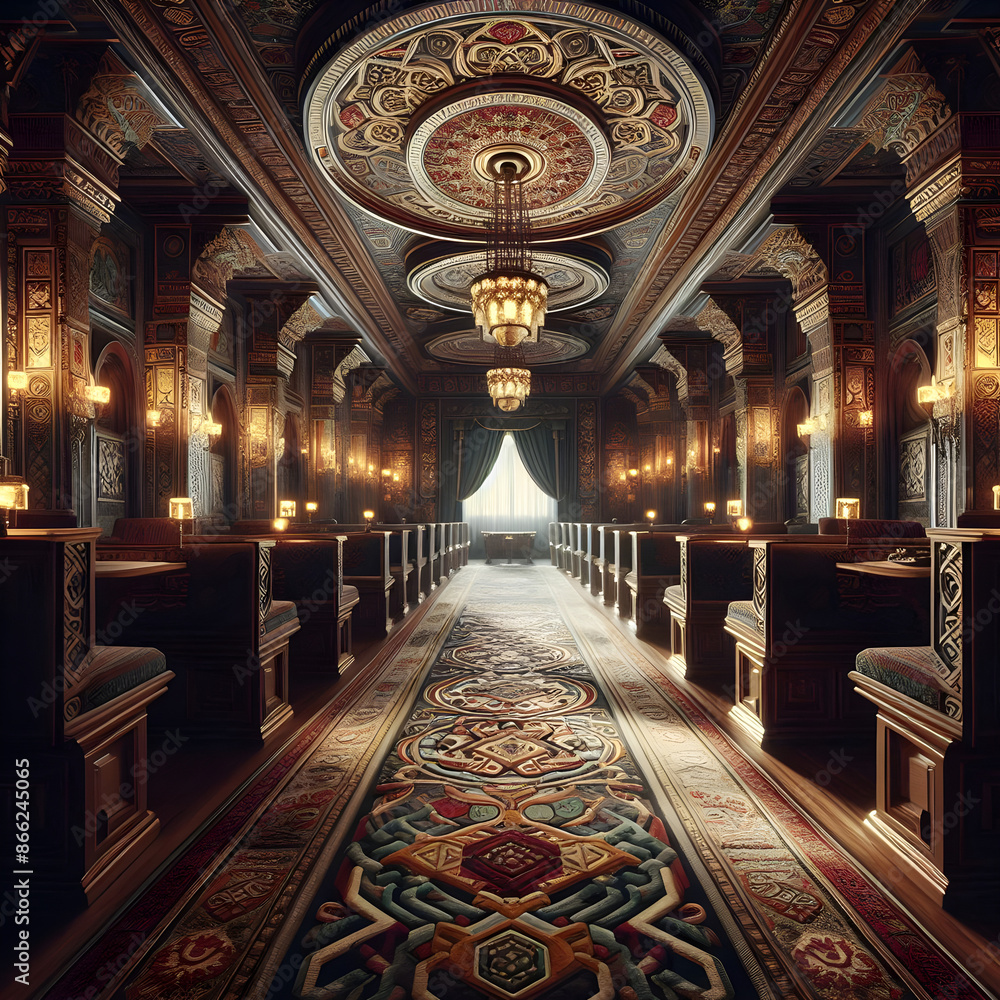 Obraz premium An opulent and intricately designed interior hallway featuring ornate ceilings, luxurious carpets, decorative columns, chandeliers, and an elegant, grand atmosphere.