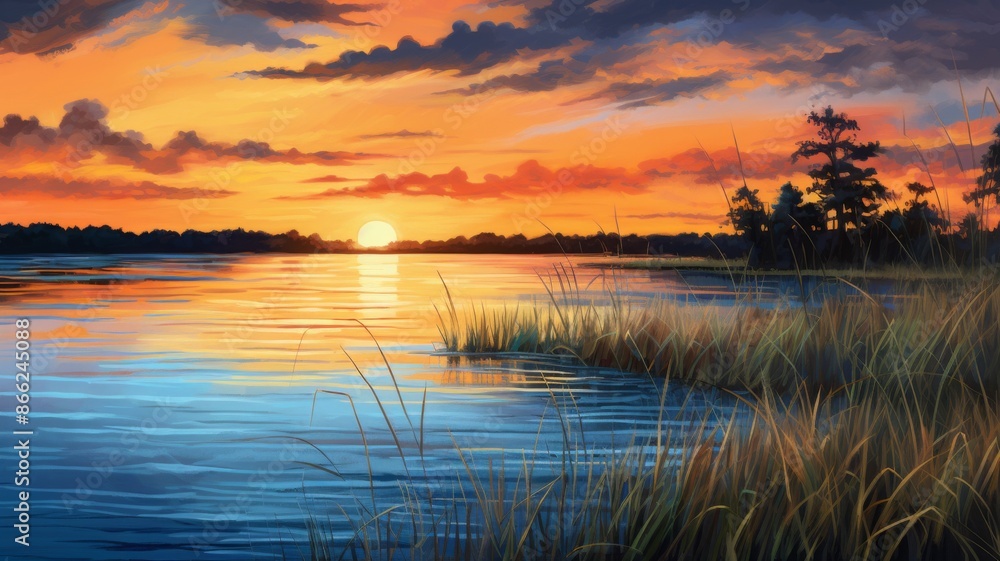 Serene Sunset over Lake. Tranquil Landscape Painting of a Colorful Sky Reflected in Calm Water Serene Sunset over Lake. Tranquil Landscape Painting of a Colorful Sky Reflected in Calm Water