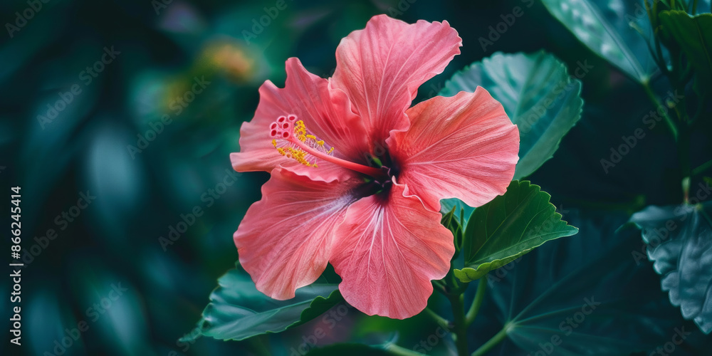 Vibrant Pink Hibiscus Flower in Full Bloom with Lush Green Foliage Vibrant Pink Hibiscus Flower in Full Bloom with Lush Green Foliage