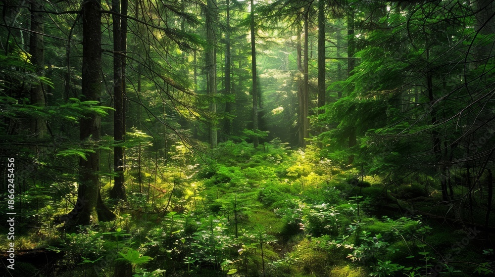 Sun-dappled forest scene with healthy green spruce, fir, and pine trees, and a lush undergrowth Sun-dappled forest scene with healthy green spruce, fir, and pine trees, and a lush undergrowth