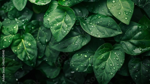 Close-up of vibrant green leaves with fresh water droplets. Natural background for concepts like nature, growth, freshness, and spring.
