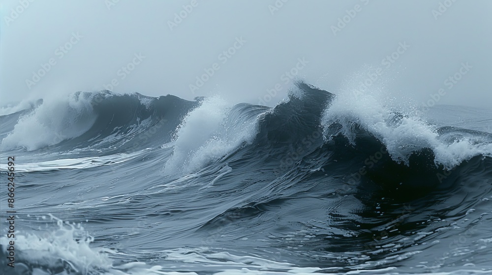 Obraz premium Massive wave crests with foaming white caps against stormy sky. Turbulent waters in shades of steel blue and gray. Spray and mist create ethereal atmosphere.