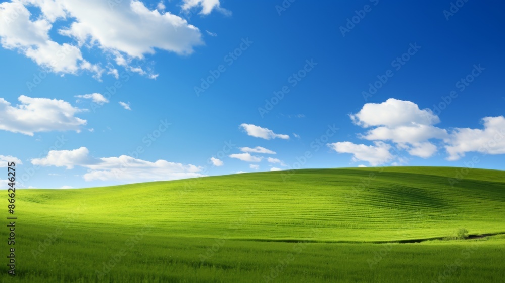 Idyllic landscape of rolling green hills under a bright blue sky with fluffy white clouds. Concept of nature, serenity, peace, and tranquility. Idyllic landscape of rolling green hills under a bright blue sky with fluffy white clouds. Concept of nature, serenity, peace, and tranquility.