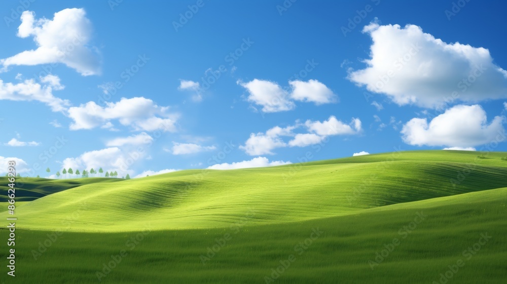 Serene green hills under a bright blue sky dotted with fluffy white clouds. Concepts. nature, landscape, tranquility, peace, outdoors, environment, summer, spring, idyllic, scenic Serene green hills under a bright blue sky dotted with fluffy white clouds. Concepts. nature, landscape, tranquility, peace, outdoors, environment, summer, spring, idyllic, scenic