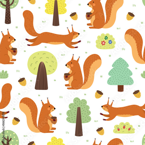 Cute squirrel in the woodland seamless pattern. Funny forest character in cartoon style background. Orange animal print for kids. Vector illustration