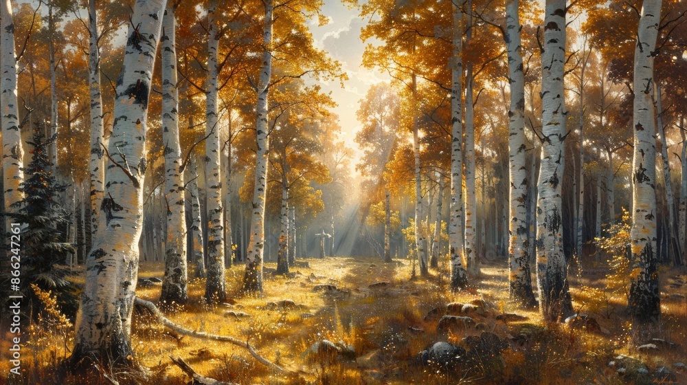 Sunlight shining through a grove of birch trees, highlighting their white bark. Sunlight shining through a grove of birch trees, highlighting their white bark.