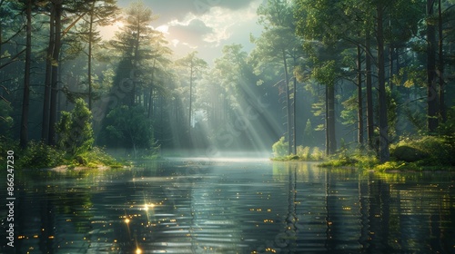 Wallpaper Mural Sunlight reflecting off a calm forest river, surrounded by towering trees. Torontodigital.ca