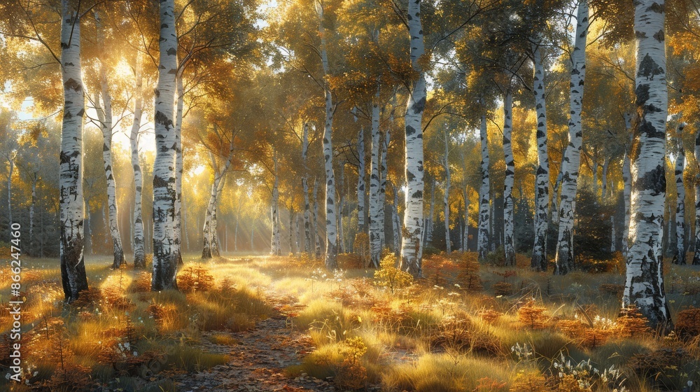 Sunlight shining through a grove of birch trees, highlighting their white bark. Sunlight shining through a grove of birch trees, highlighting their white bark.