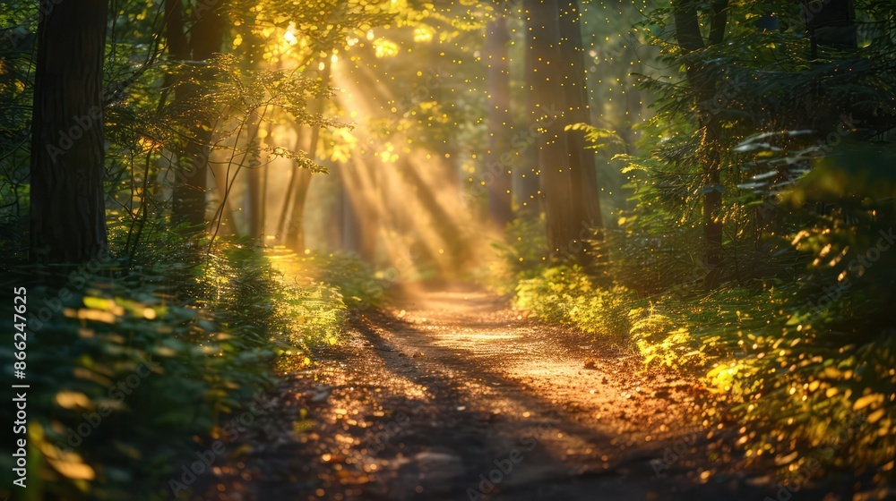 Obraz premium A forest path is illuminated by the sun, casting a warm glow on the trees