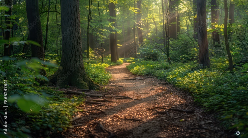 Obraz premium A forest path with sunlight shining through the trees