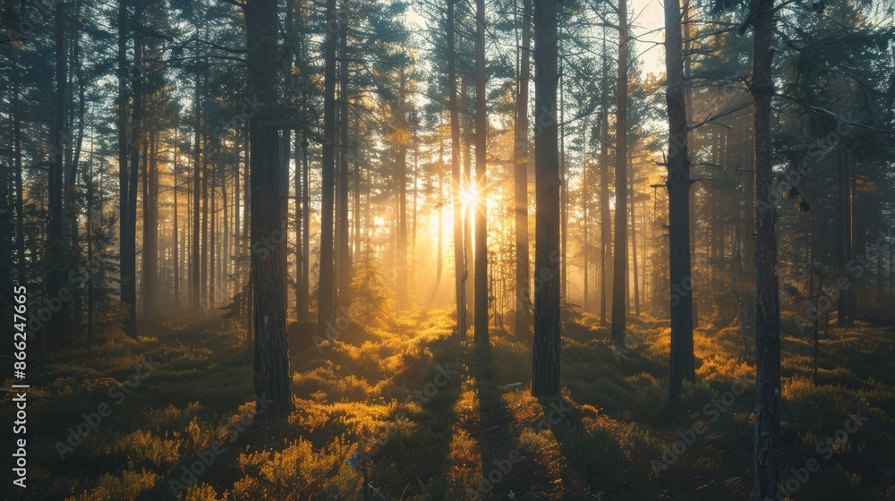 Sunlight shining through the branches of tall pine trees in a quiet forest, casting a peaceful glow Sunlight shining through the branches of tall pine trees in a quiet forest, casting a peaceful glow