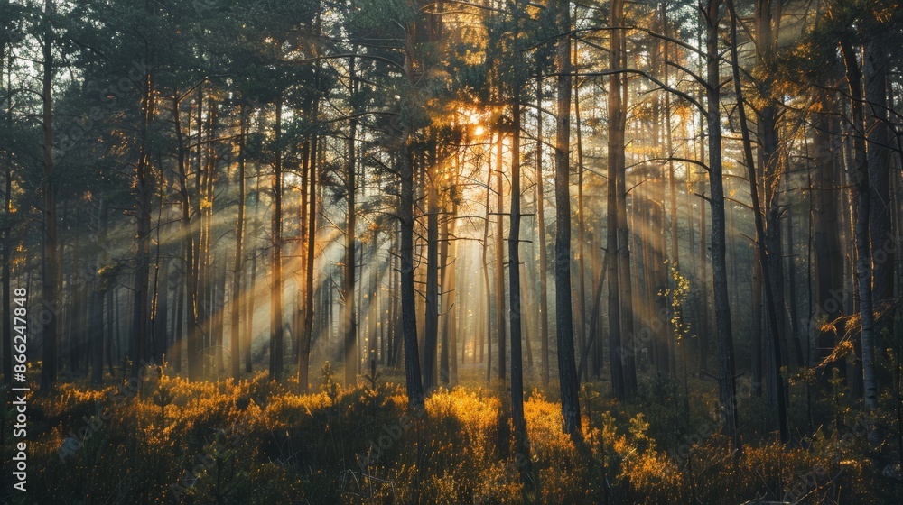 Sunlight shining through the branches of tall pine trees in a quiet forest, casting a peaceful glow