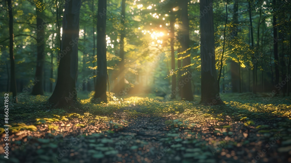 Fototapeta premium A forest path is illuminated by the sun, casting a warm glow on the trees