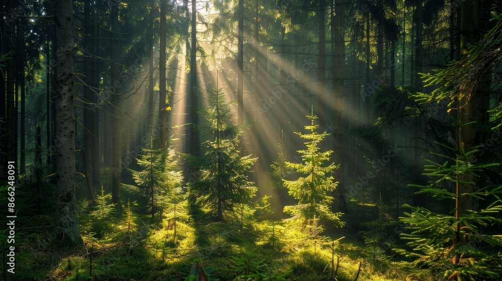 Sunlight streaming through the branches of old spruce, fir, and pine trees in a dense, green forest Sunlight streaming through the branches of old spruce, fir, and pine trees in a dense, green forest