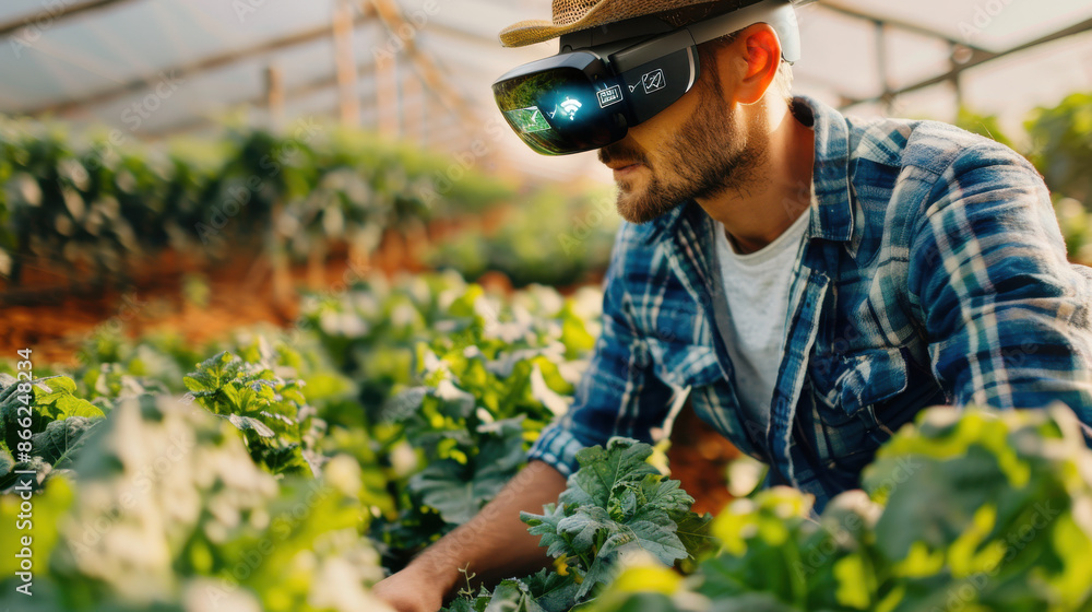 A farmer wearing augmented reality (AR) glasses, interacting with digital information while tending to crops A farmer wearing augmented reality (AR) glasses, interacting with digital information while tending to crops