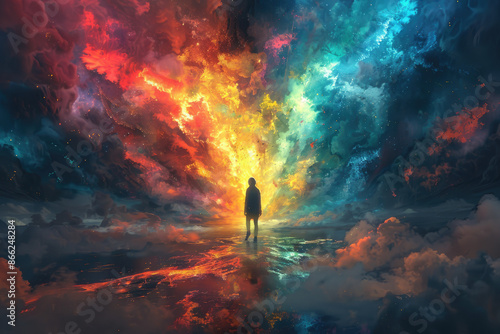 A person standing in the center of an endless sky, surrounded by vibrant colors and swirling clouds. Craeted with Ai
