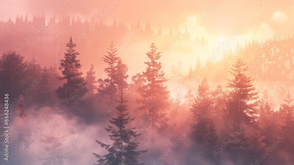 custom made wallpaper toronto digitalSunrise in a fog-covered pine forest with a soft glow illuminating the mist