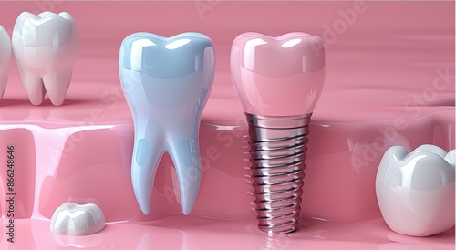 Photorealistic renderings of an implant and a tooth on a pink background, styled in light sky-blue and dark silver hues, against a white background. photo