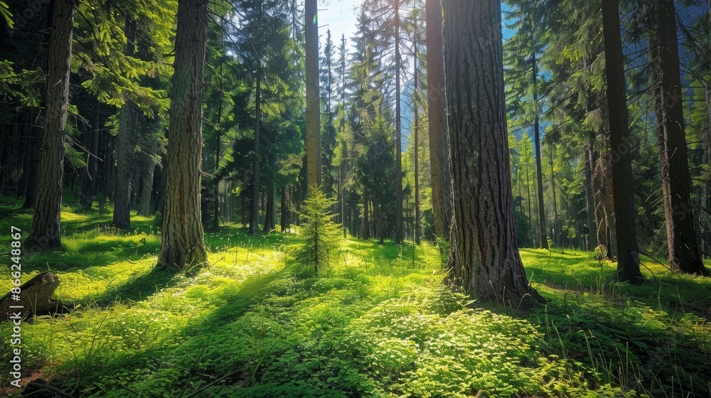 Tall old spruce, fir, and pine trees in a green forest, with sunlight creating a dappled effect on the ground Tall old spruce, fir, and pine trees in a green forest, with sunlight creating a dappled effect on the ground