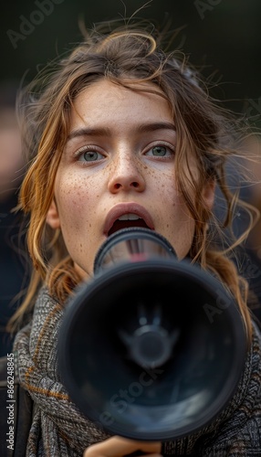 Ultra sharp photo of a young woman confidently wielding a megaphone, radiating success and positivity, ideal for marketing or sales.
