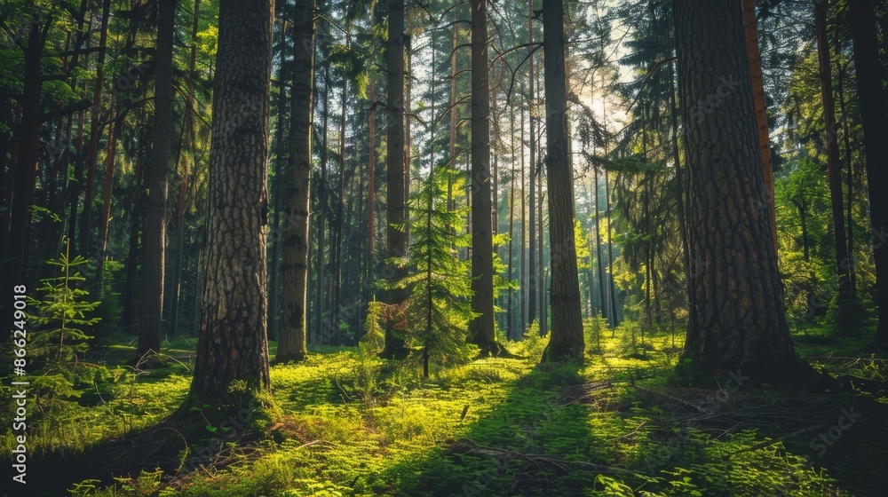 Obraz premium Tall old spruce, fir, and pine trees in a green forest, with sunlight creating a dappled effect on the ground