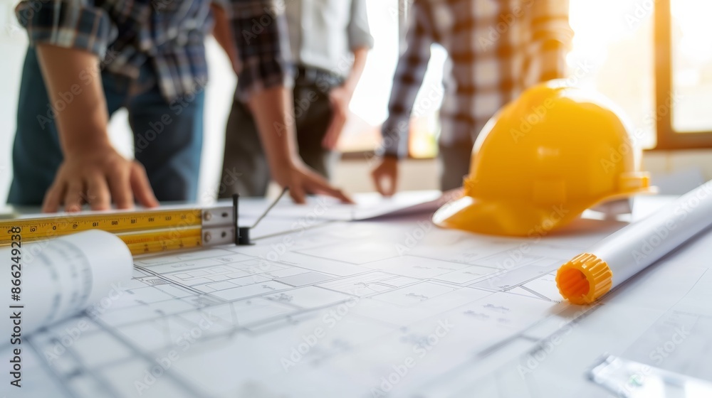 Fototapeta premium Team of construction workers and architect discussing blueprints at a residential building site, with framework in progress