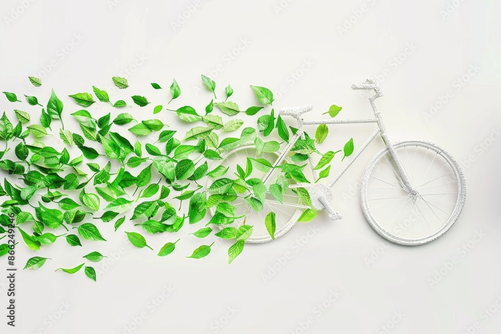 Bicycle with a trail of leaves in its wake, symbolizing eco-friendly, zero-emission transport Bicycle with a trail of leaves in its wake, symbolizing eco-friendly, zero-emission transport