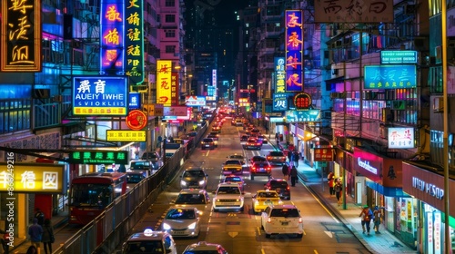 A bustling city street at night, alive with neon lights and vibrant energy, epitomizing the nocturnal allure and dynamic nightlife of modern urban centers